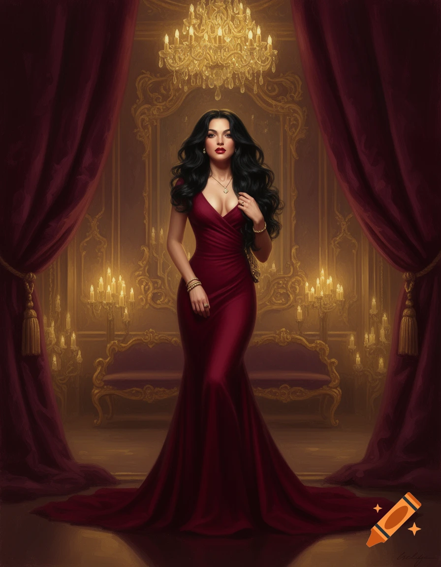 A beautiful woman in a long red evening gown stands under a golden chandelier in an opulent, baroque-style room.