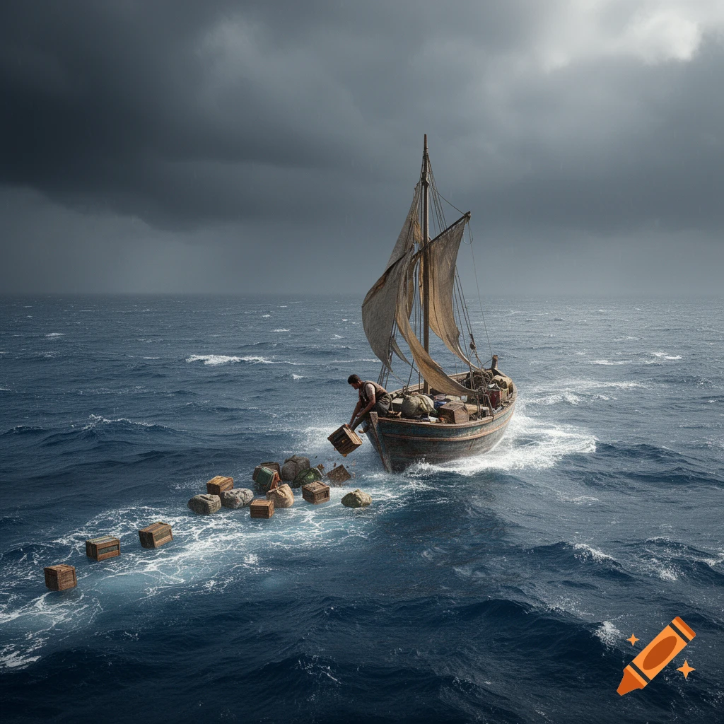 A man on a small sailboat dumps crates into a stormy ocean under dark clouds, leaving a trail of floating objects. Photorealistic.