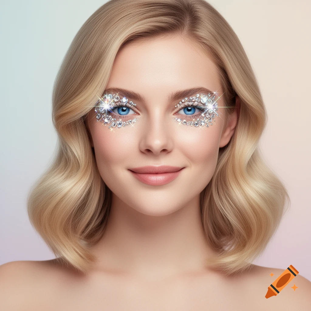 Close-up portrait of a blonde woman with blue eyes and sparkling glitter makeup around her eyes, smiling.