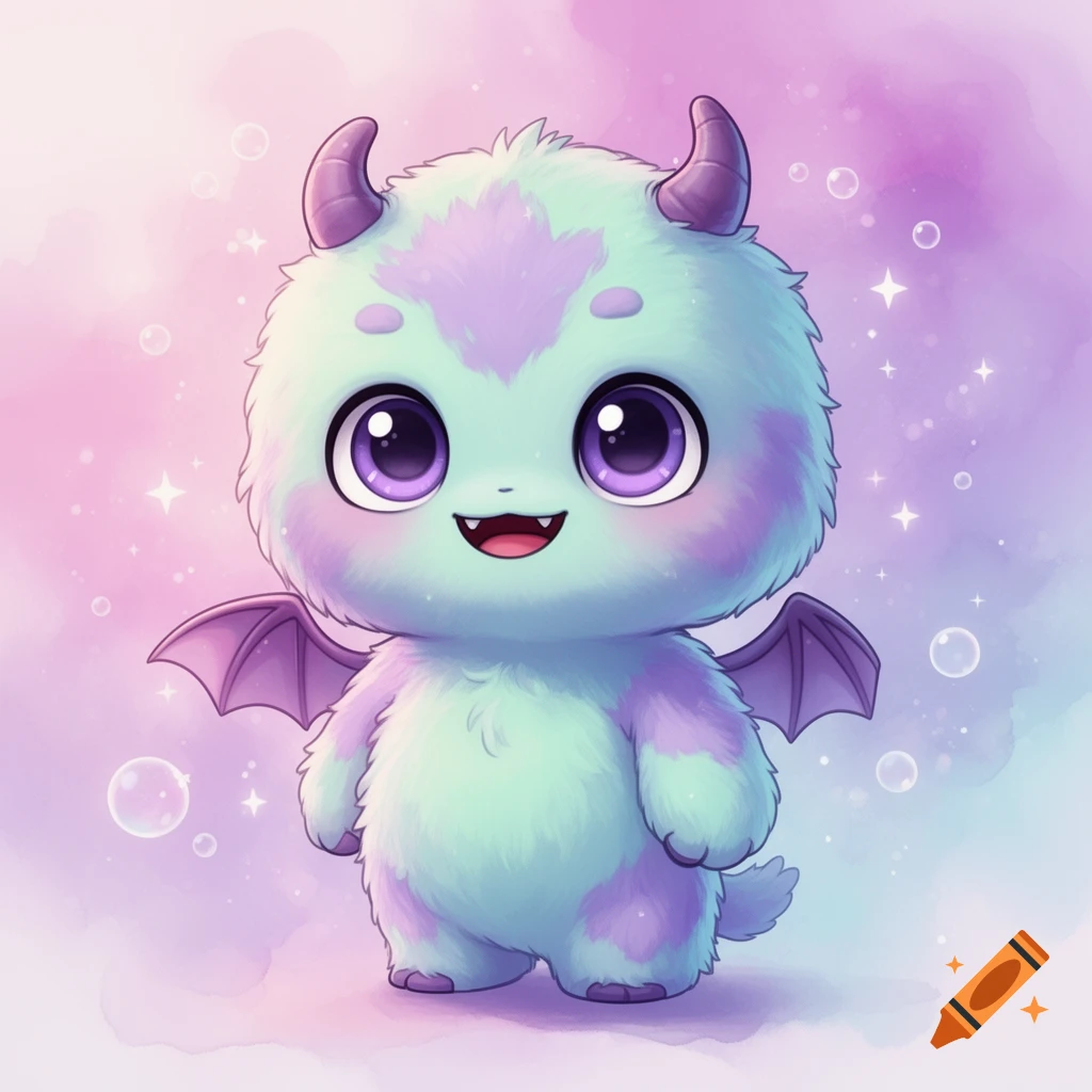 Fluffy, light blue and purple chibi monster with big purple eyes, horns, and small wings, set against a soft pink and purple background with sparkles and bubbles.