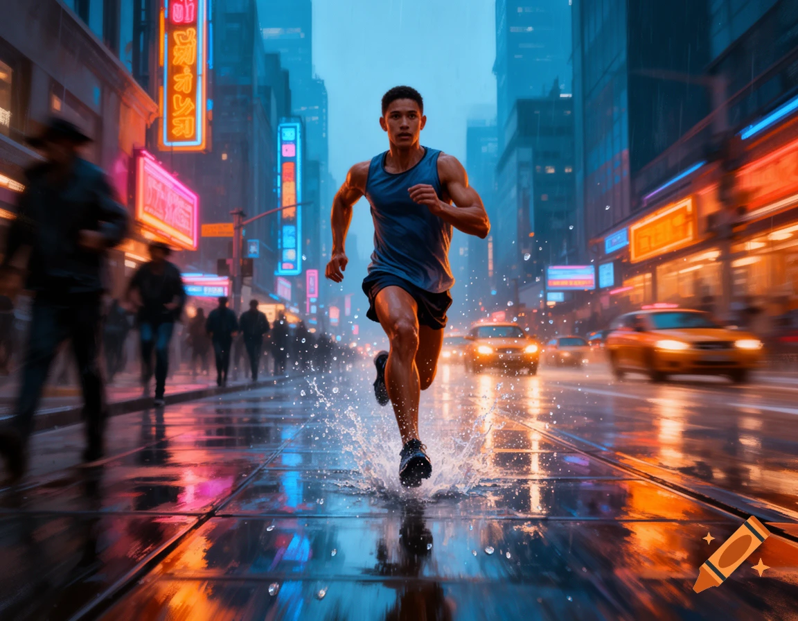 A fit man runs through a neon-lit, rainy city street, splashing water, with cars and blurred people in the background. Photorealistic style.
