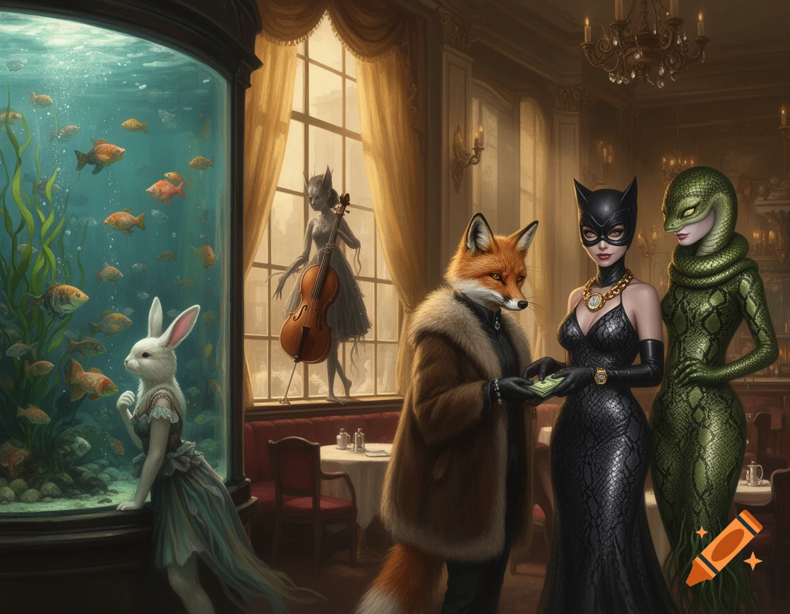 An anthropomorphic fox pays Catwoman and Snakewoman in a luxurious cafe. A rabbit watches fish in a large aquarium, and a violin-like figure stands by a window.