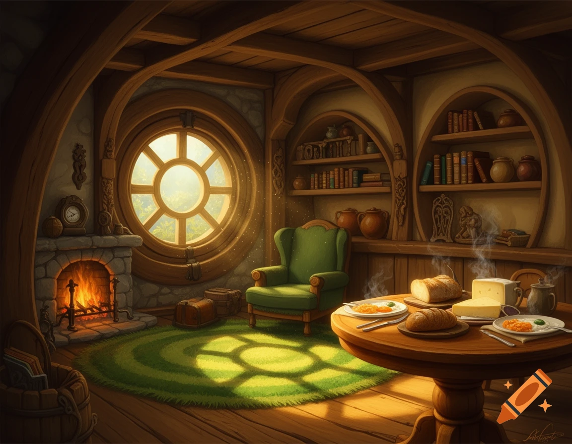A warm and cozy hobbit-style living room with a round window, lit fireplace, green armchair, and a table set with food.