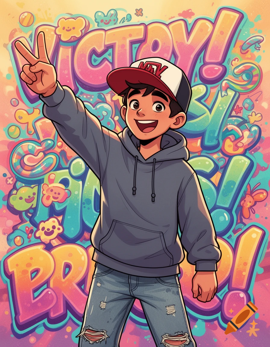 Cartoon teenager in a hoodie and ripped jeans, wearing a baseball cap, making a peace sign against a vibrant graffiti background with 'VICTORY!' text.