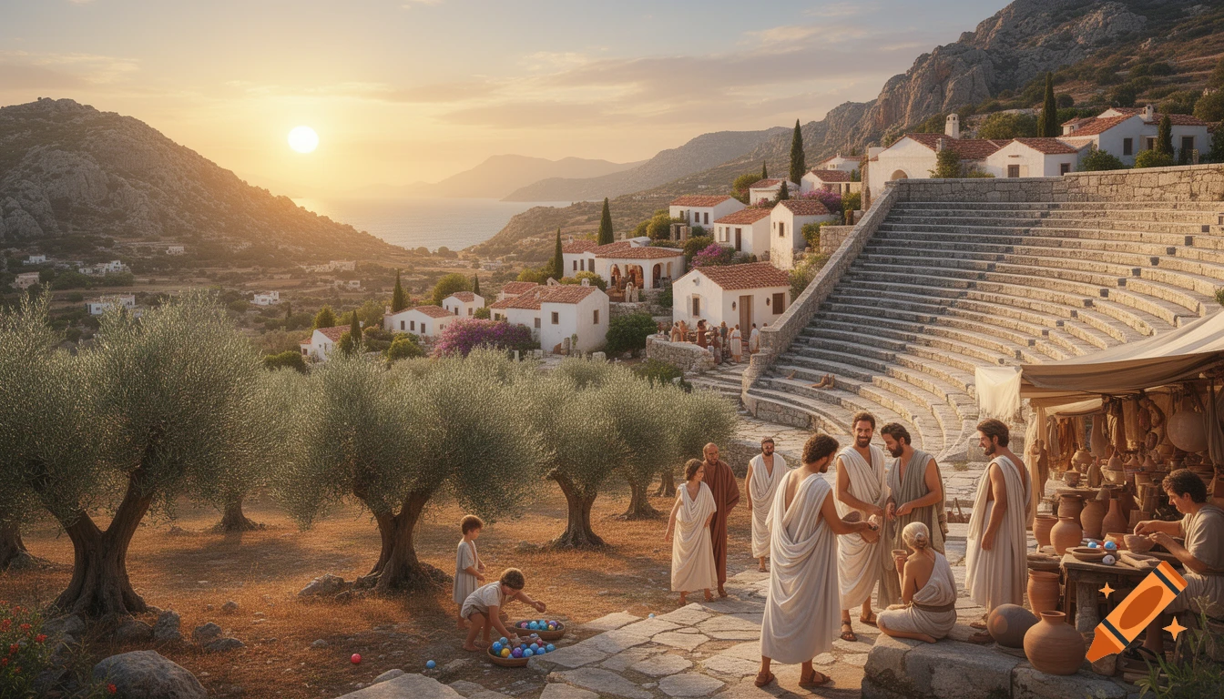 Photorealistic scene of an ancient Greek coastal village at sunset, with an amphitheater, olive groves, and people in togas.