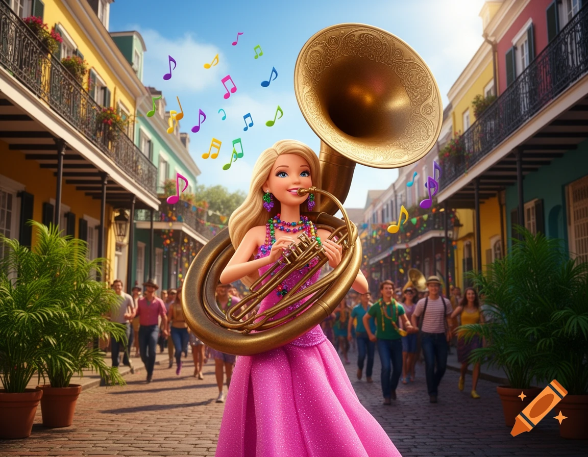 Barbie in a vibrant pink dress plays a golden sousaphone on a lively New Orleans street, with colorful buildings and people in the background.