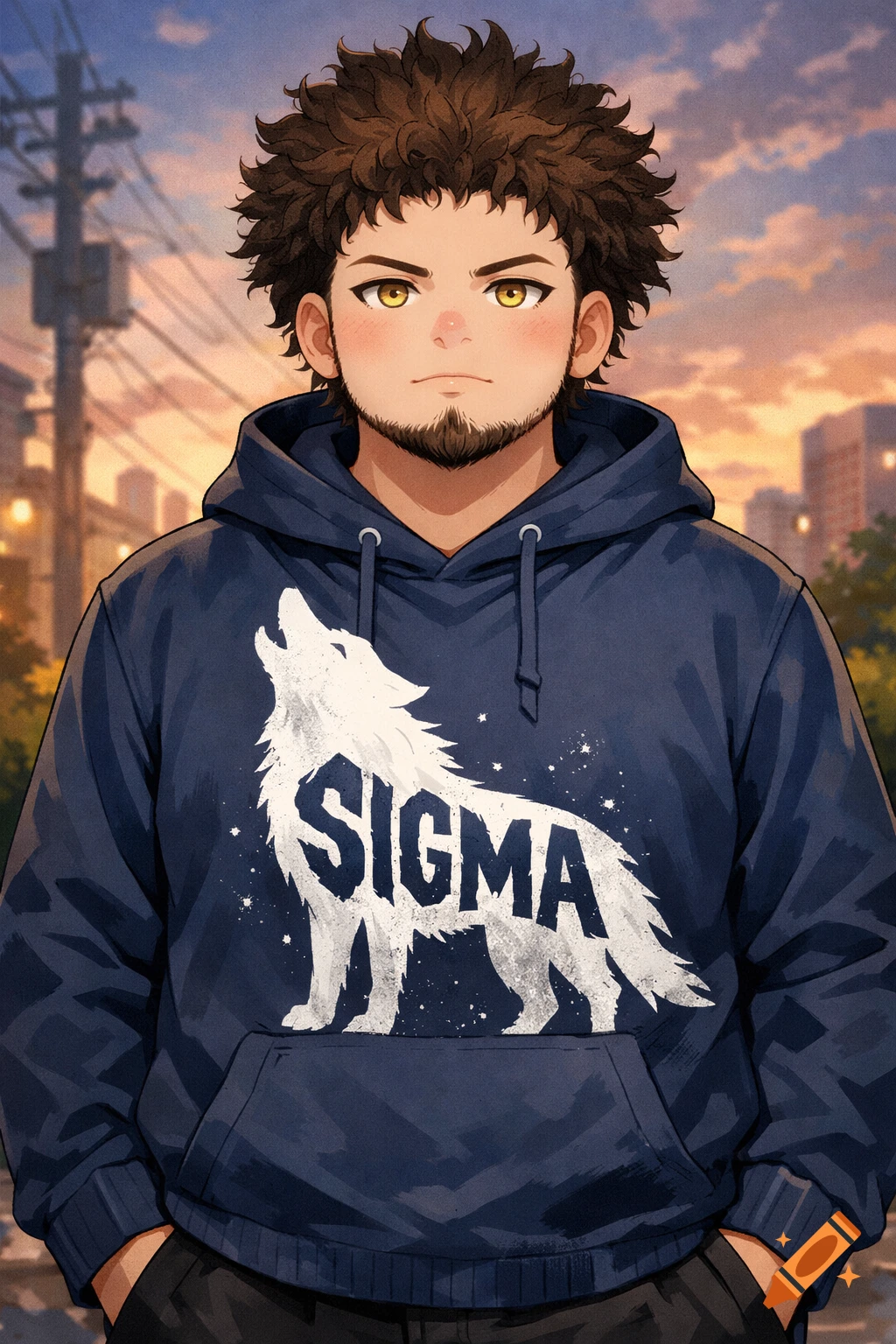 Anime portrait of a young man with frizzy hair and a goatee, wearing a navy hoodie with a white wolf 'SIGMA' design, urban setting.