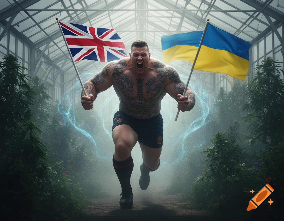A muscular, tattooed man running through a greenhouse, holding British and Ukrainian flags, with glowing blue energy.