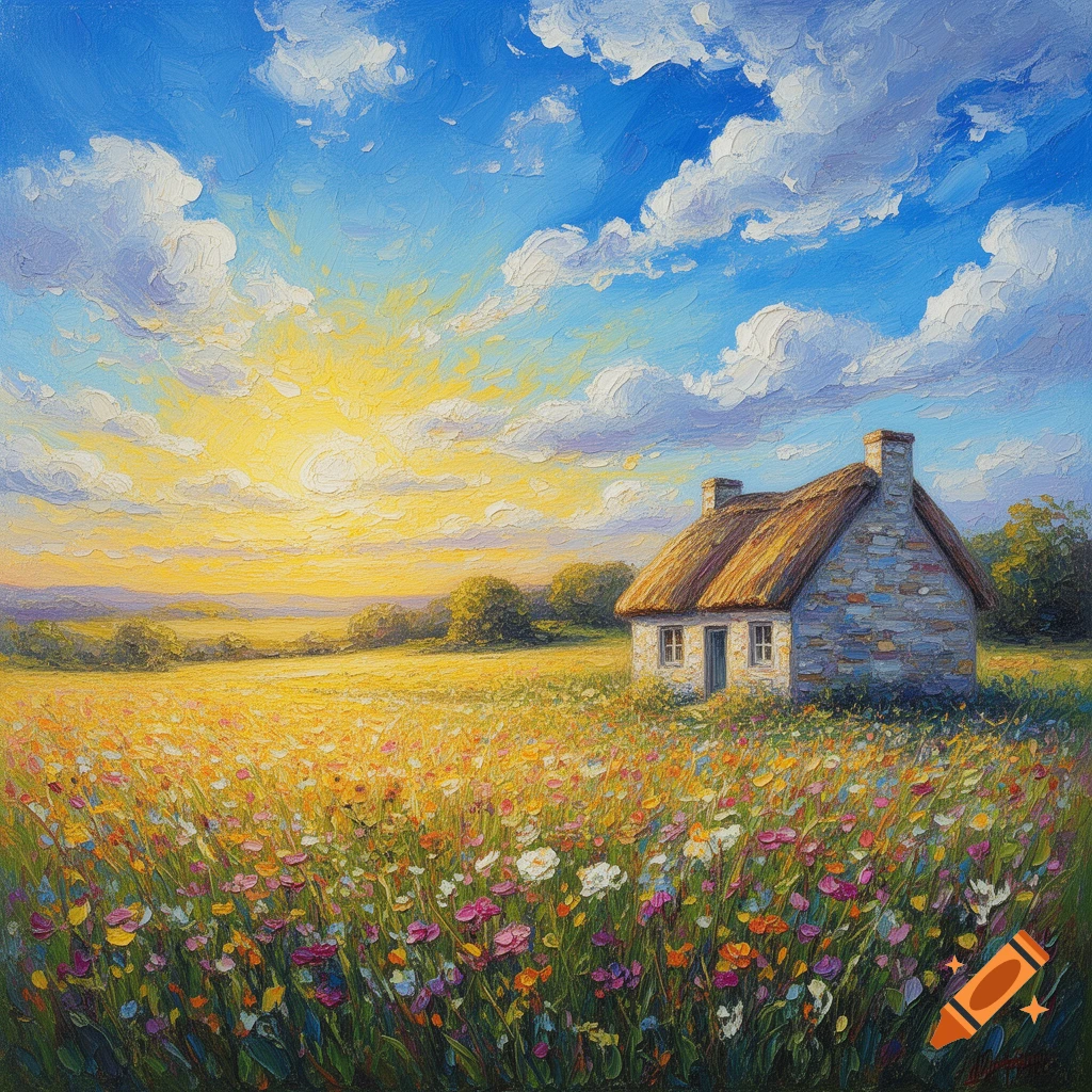 Oil painting of a stone cottage with a thatched roof in a vibrant wildflower field, bathed in sunlight under a blue sky with thick brushstrokes.