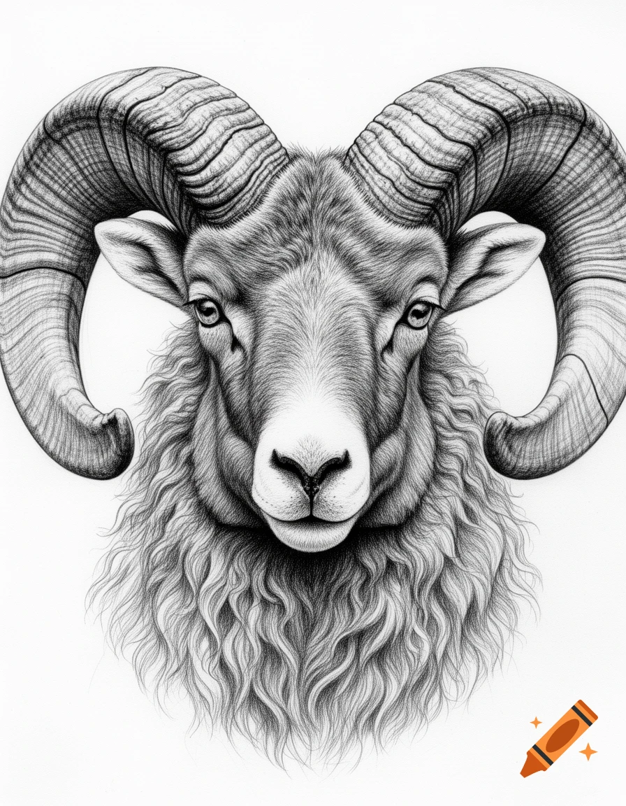 Detailed black and white pencil drawing of a bighorn ram's face, showcasing its large curled horns and woolly fur.
