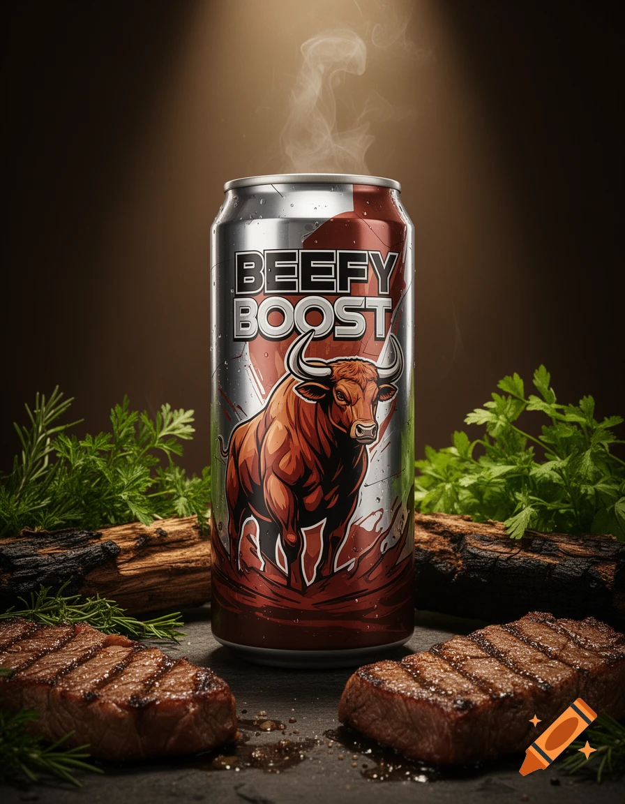 A photorealistic image of a "BEEFY BOOST" energy drink can featuring a bull, steaming, flanked by two grilled steaks and herbs on a dark surface.