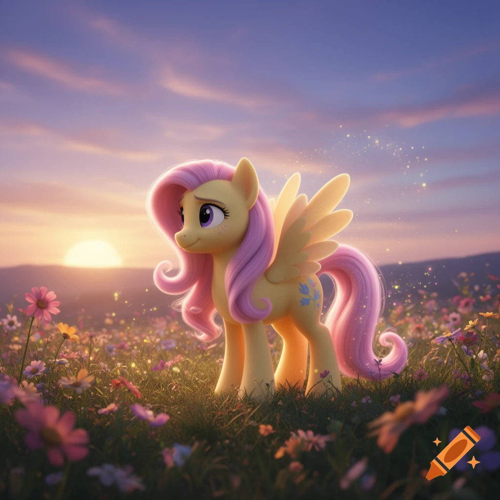A yellow winged pony with a pink mane and tail stands in a field of colorful wildflowers under a dramatic sunset sky.