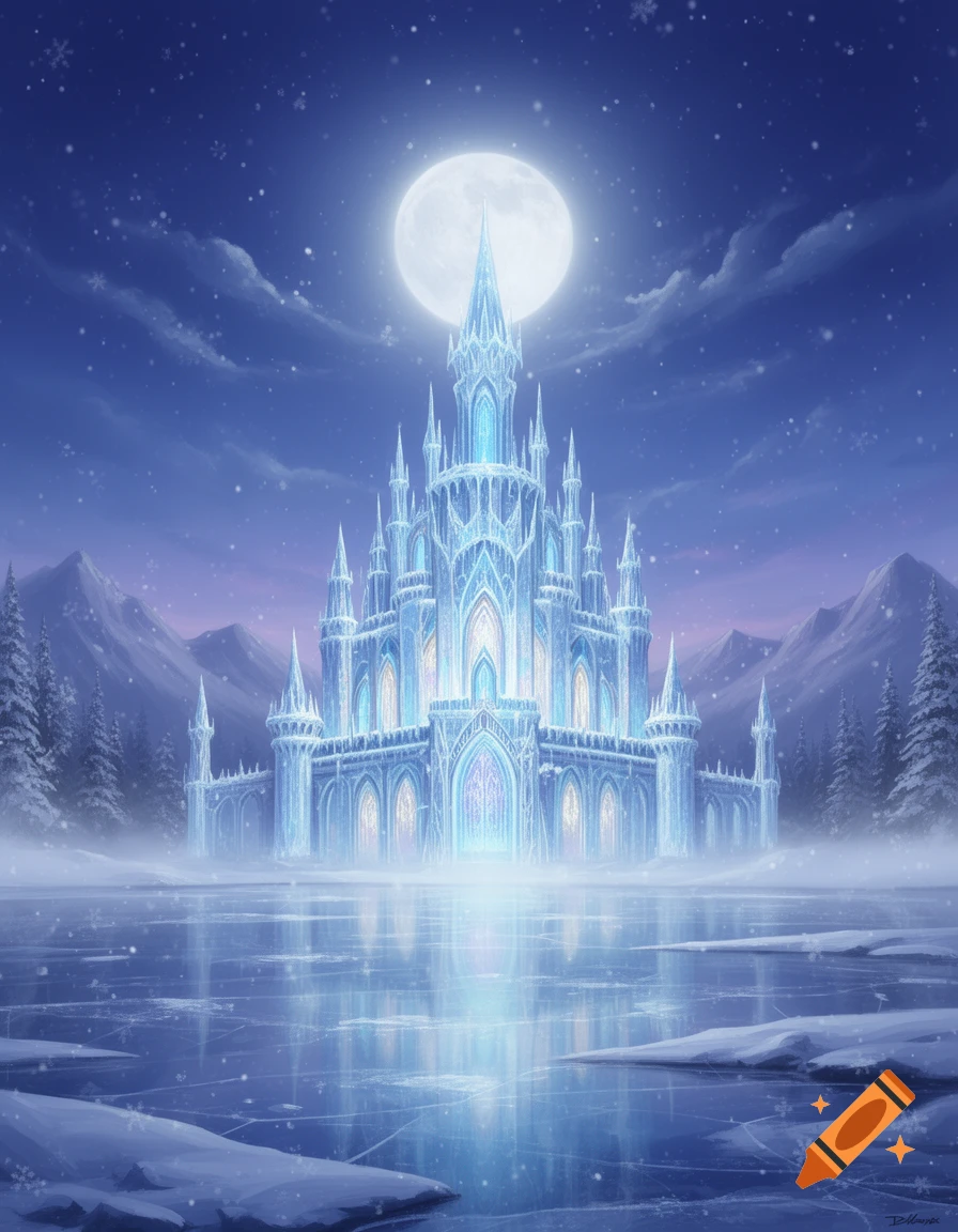 A majestic, glowing ice castle stands on a frozen lake under a full ...