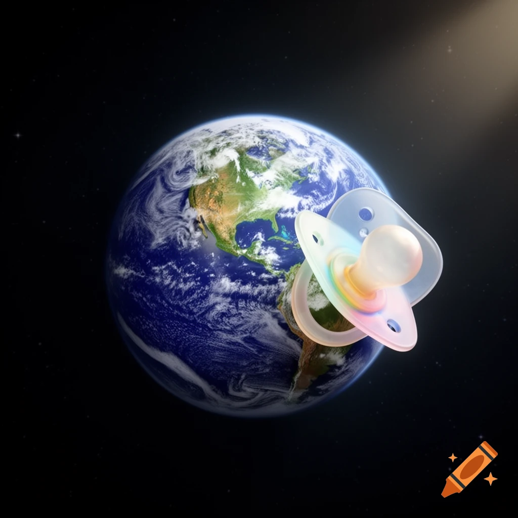 A photorealistic image of planet Earth in space with a large, colorful, translucent pacifier floating in front of it.