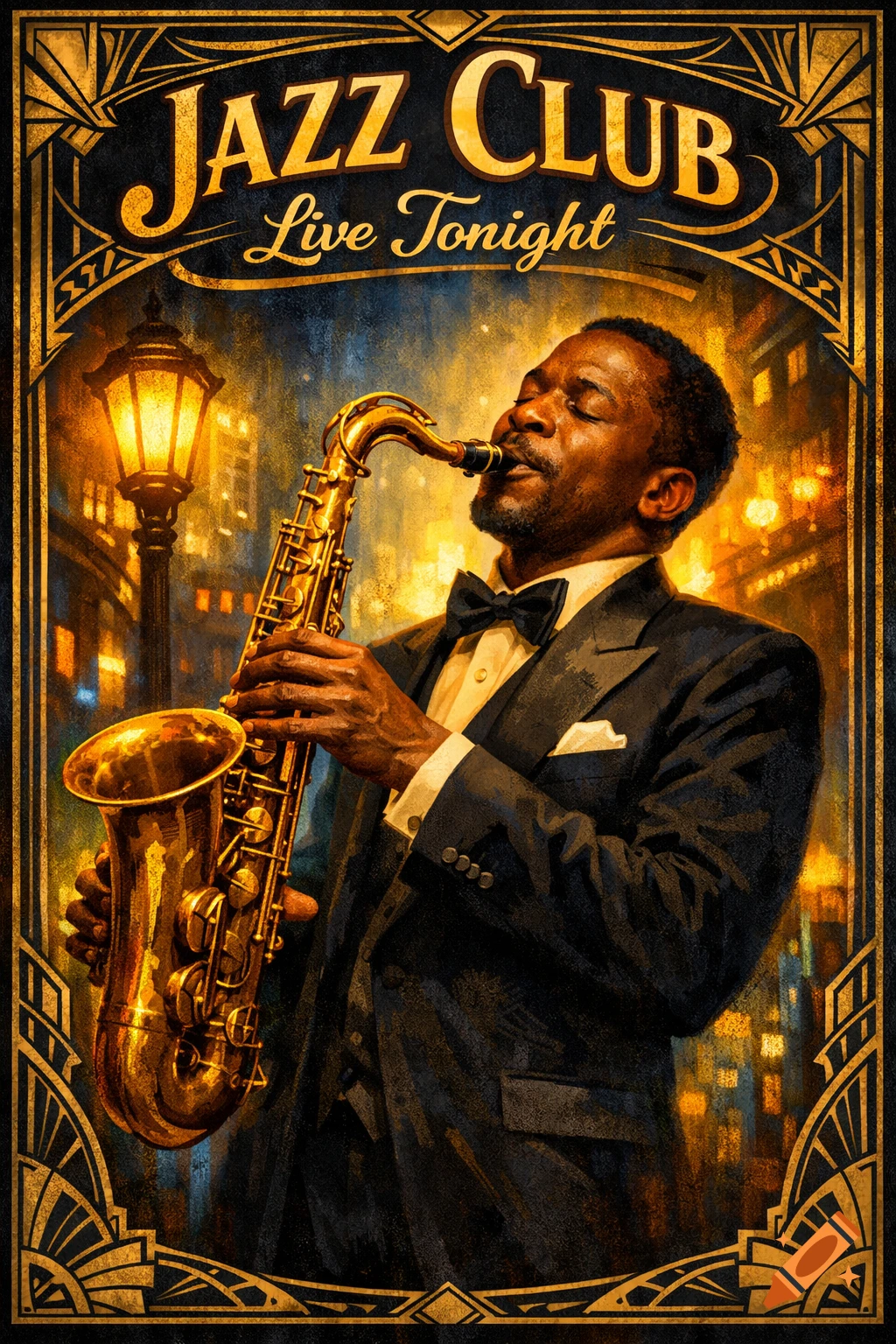 A vintage-style poster features a Black man playing a saxophone, illuminated by a streetlamp at night, with 'JAZZ CLUB Live Tonight' text.