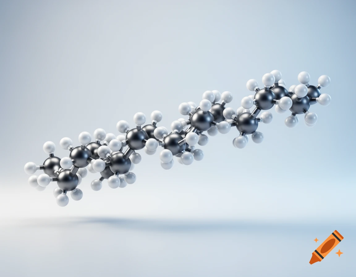 A 3D rendering of a polypropylene molecule, showing a chain of dark gray carbon atoms bonded to white hydrogen atoms against a light blue background.