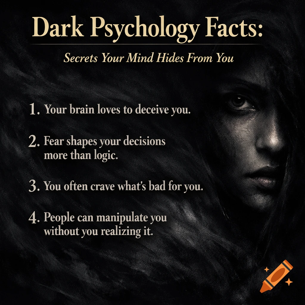 A dark, mysterious portrait of a woman's face partially hidden in shadow, next to a list titled 'Dark Psychology Facts'.
