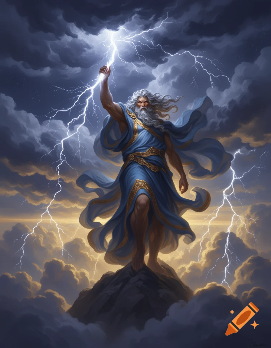 The Greek god Zeus stands on a mountain amidst stormy clouds, raising a lightning bolt in his hand.