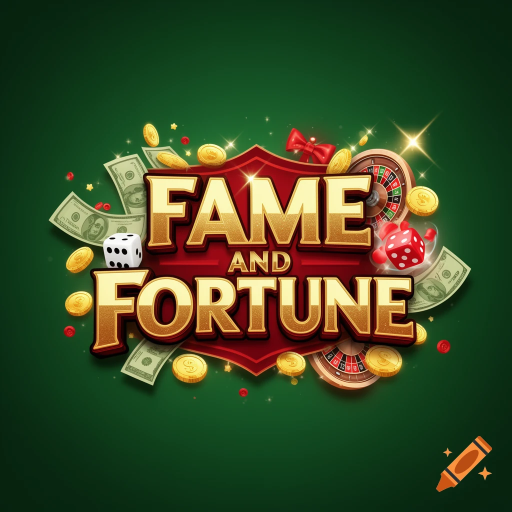 A shimmering gold and red logo for "FAME AND FORTUNE" with money, coins, dice, and roulette against a dark green background.