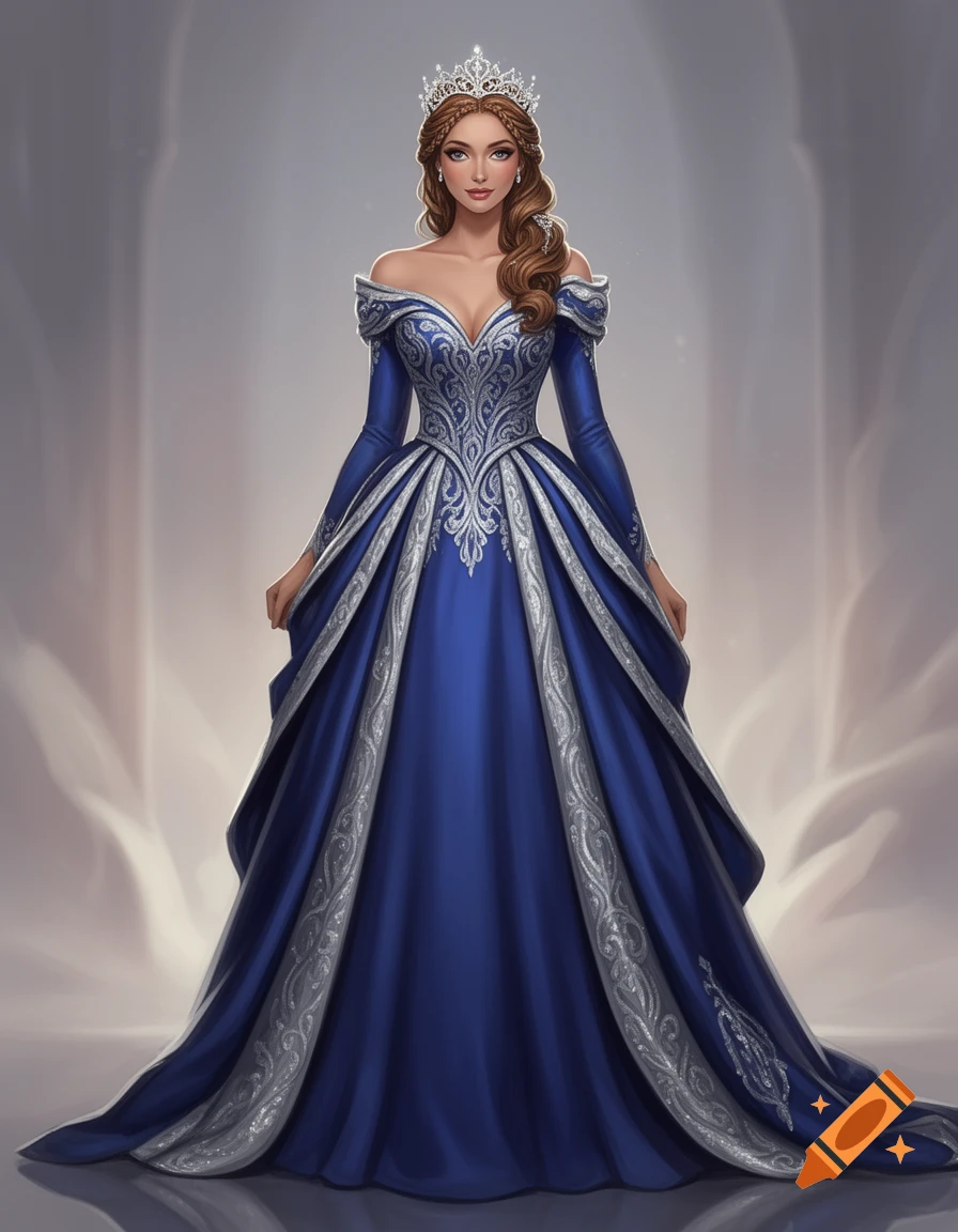 A regal queen with long brown hair, wearing a stunning blue and silver off-shoulder gown and a sparkling tiara.