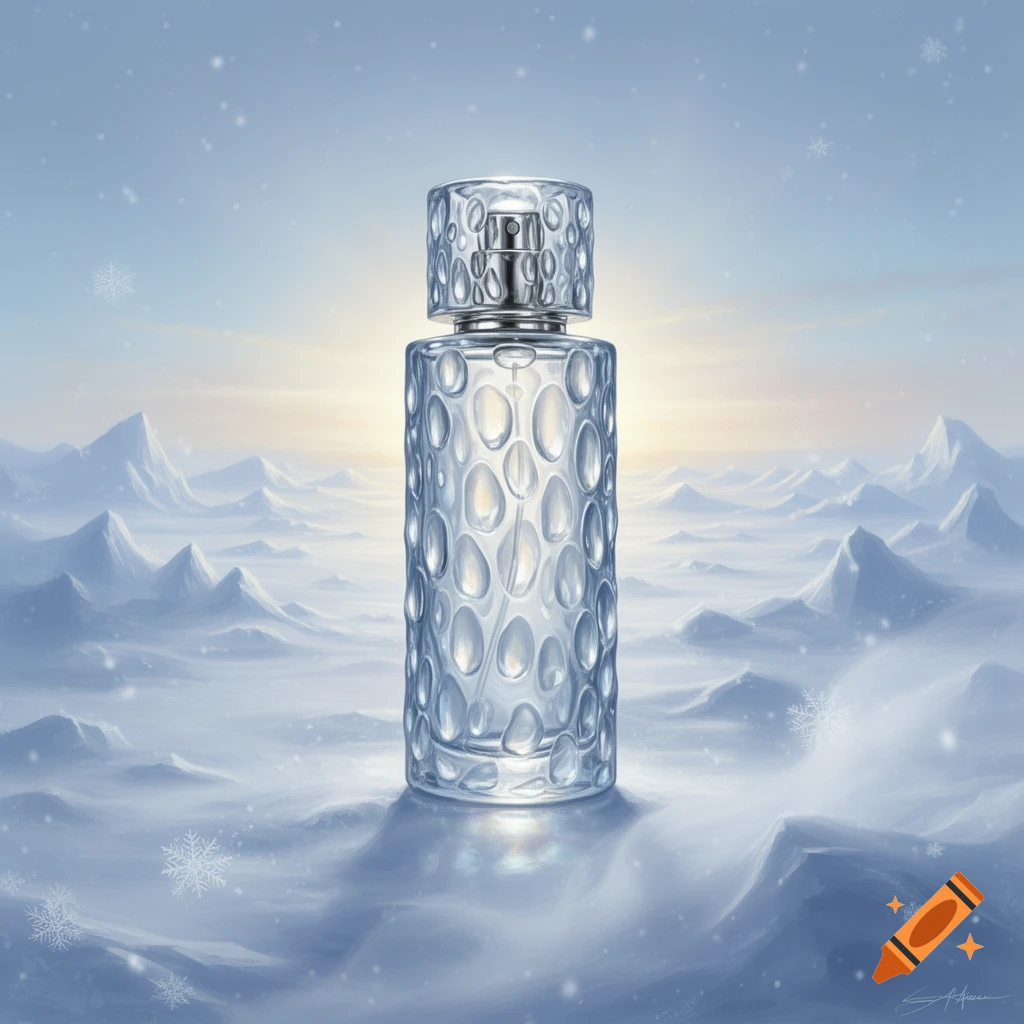 A clear perfume bottle with irregular indentations stands in a snowy, icy Antarctic landscape under a light blue sky with snowflakes.