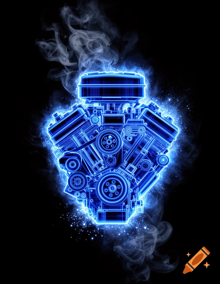 Glowing blue line art outline of a V-engine surrounded by ethereal smoke on a black background.