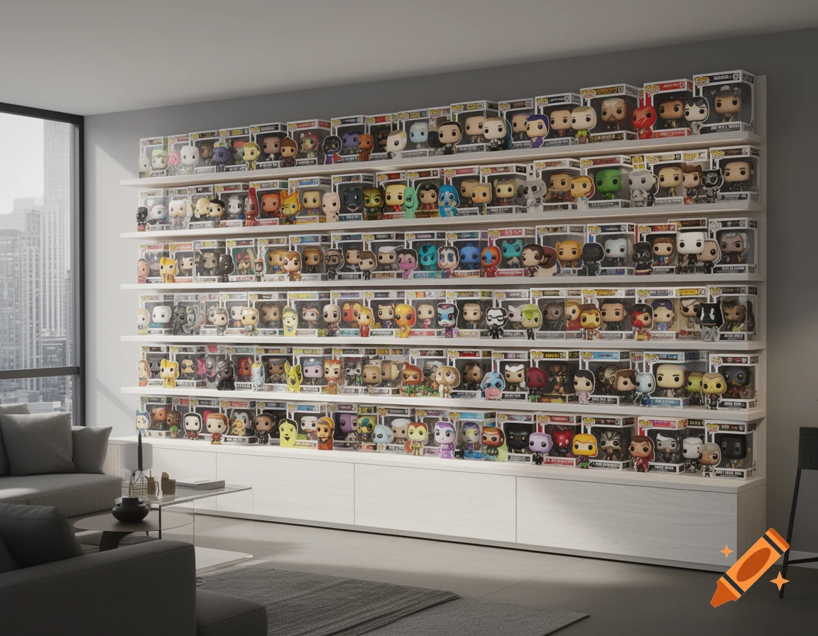 A large collection of Funko Pop figures displayed on white shelves in a modern living room with a city view through a large window.