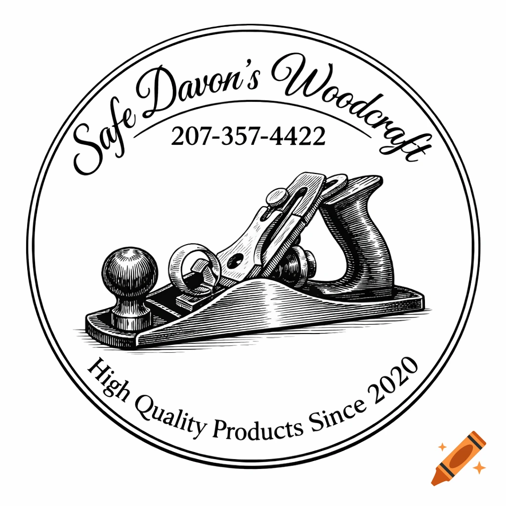 Black and white circular logo for Safe Davon's Woodcraft featuring a detailed hand plane and business information.