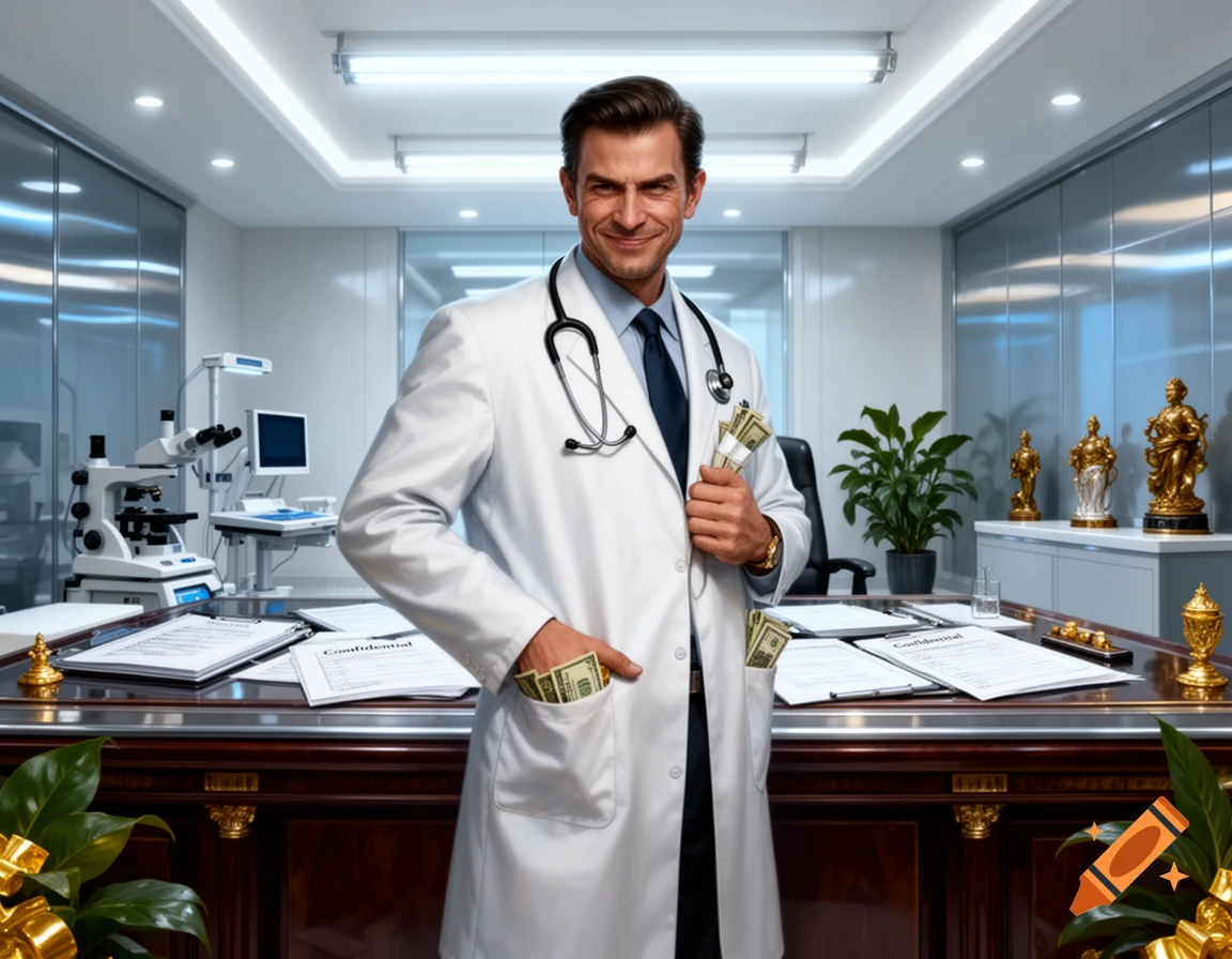 A man in a white doctor's coat with a stethoscope around his neck smiles, holding stacks of money in his hand and pockets in a modern office.