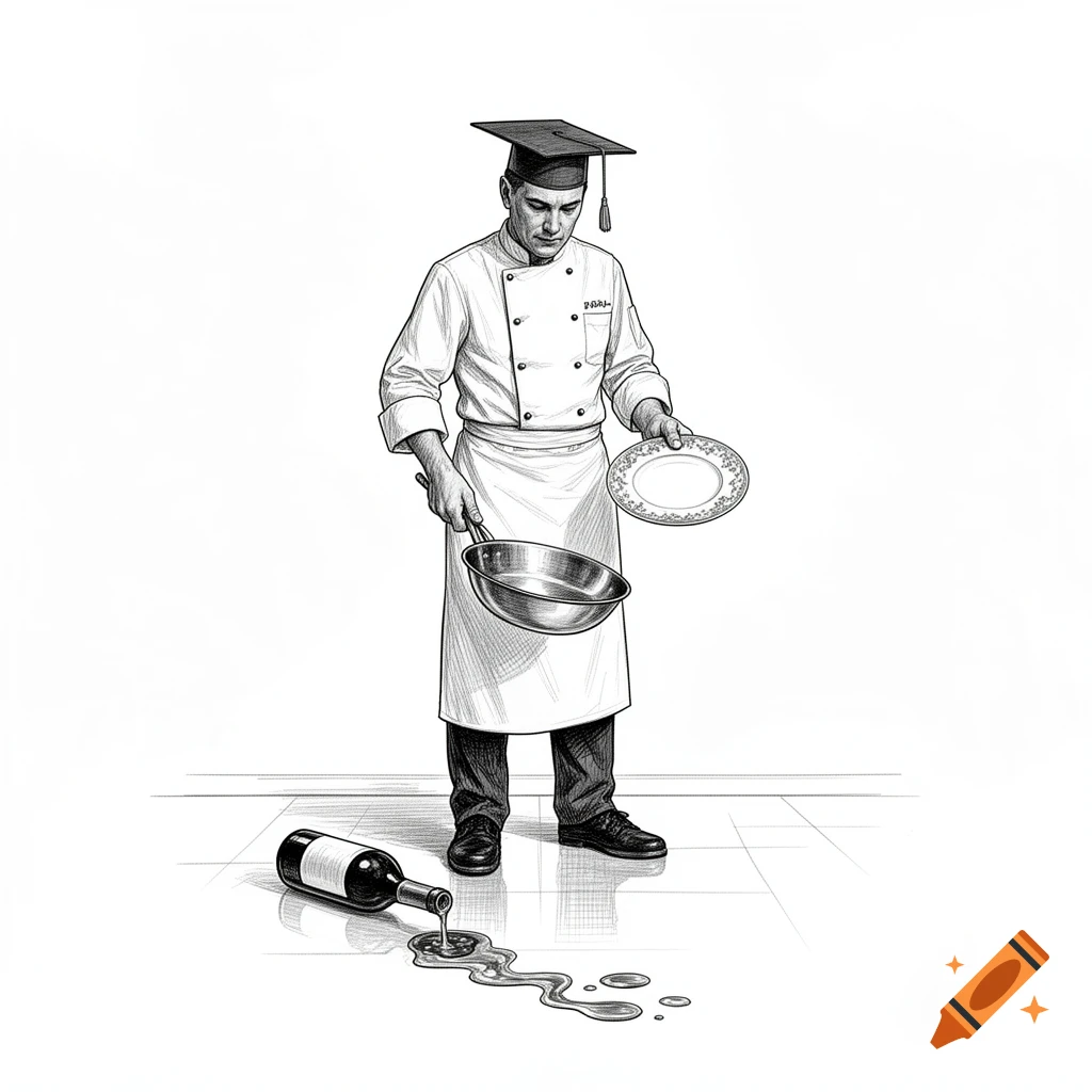 A line drawing of a chef wearing a graduation cap, holding a pan and a plate, with a spilled wine bottle on the floor.