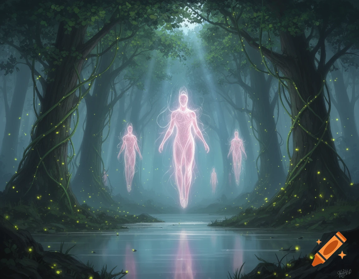 Glowing, ethereal human-like figures float above water in a mystical, foggy forest with light filtering through the trees.