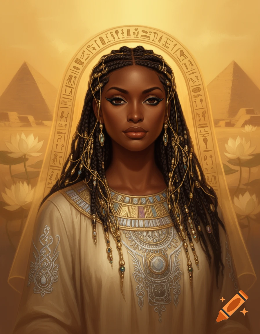A dark-skinned Egyptian queen with braided hair and golden adornments, set against a golden background with pyramids and hieroglyphs.