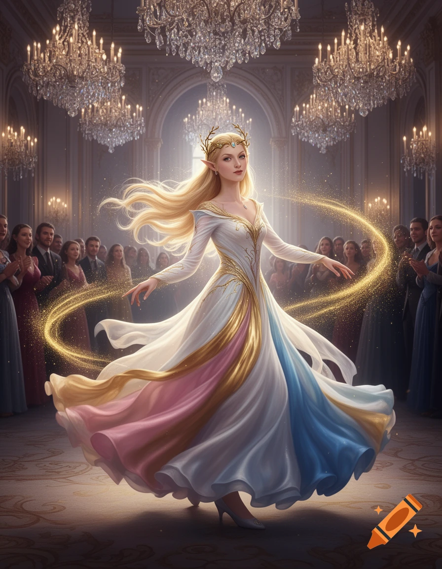 Photorealistic image of an elven princess in a white, gold, pink, and ...