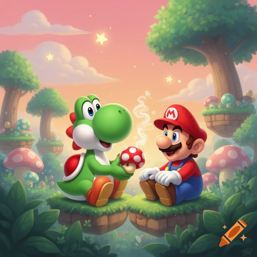 Yoshi holds a red mushroom with a wisp of smoke, sitting across from Mario on a floating island in a vibrant fantasy landscape.
