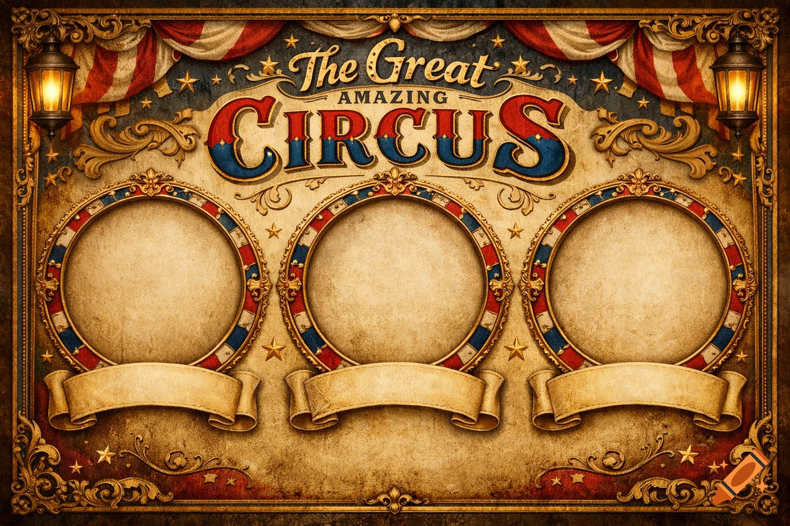 Vintage 1800s circus poster with 'The Great Amazing Circus' text, three blank circular photo frames, and blank name banners.