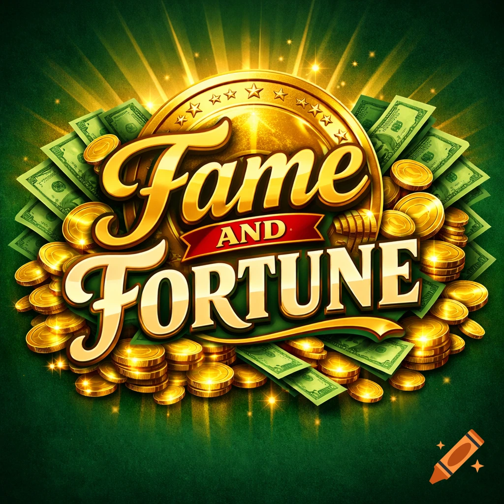 Golden logo with 'Fame AND FORTUNE' text, surrounded by green money bills and golden coins, on a radiant green background.