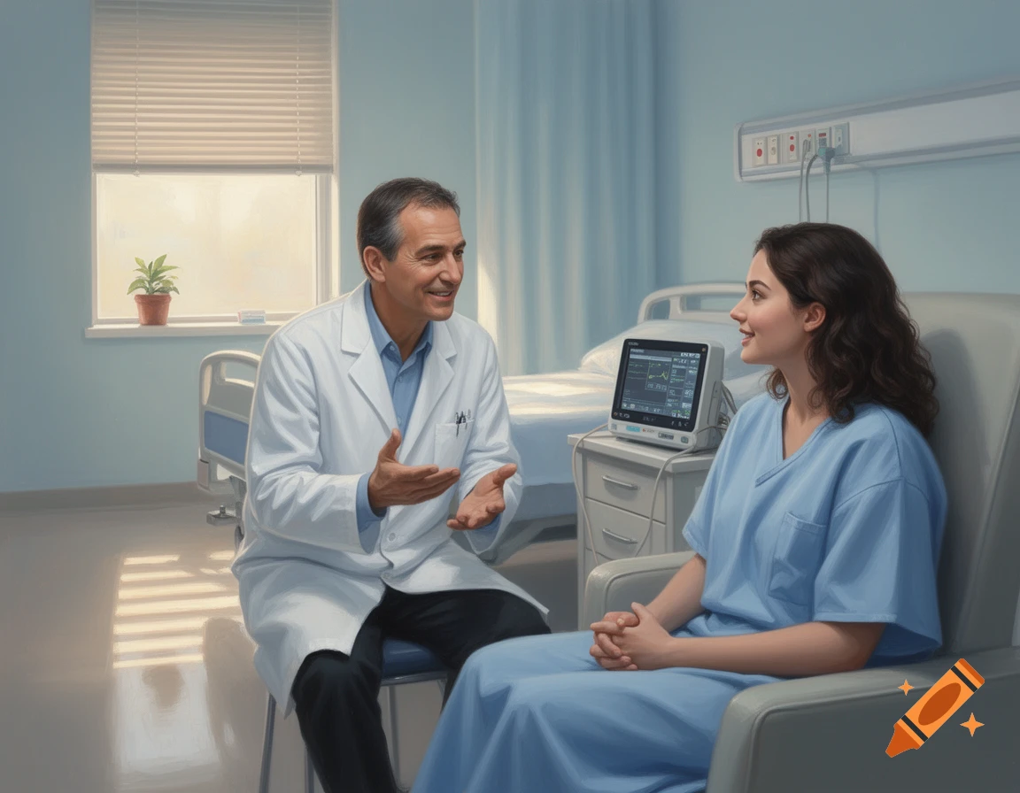 A smiling male doctor in a white coat talks to a female patient in a blue hospital gown in a hospital room with a medical monitor.