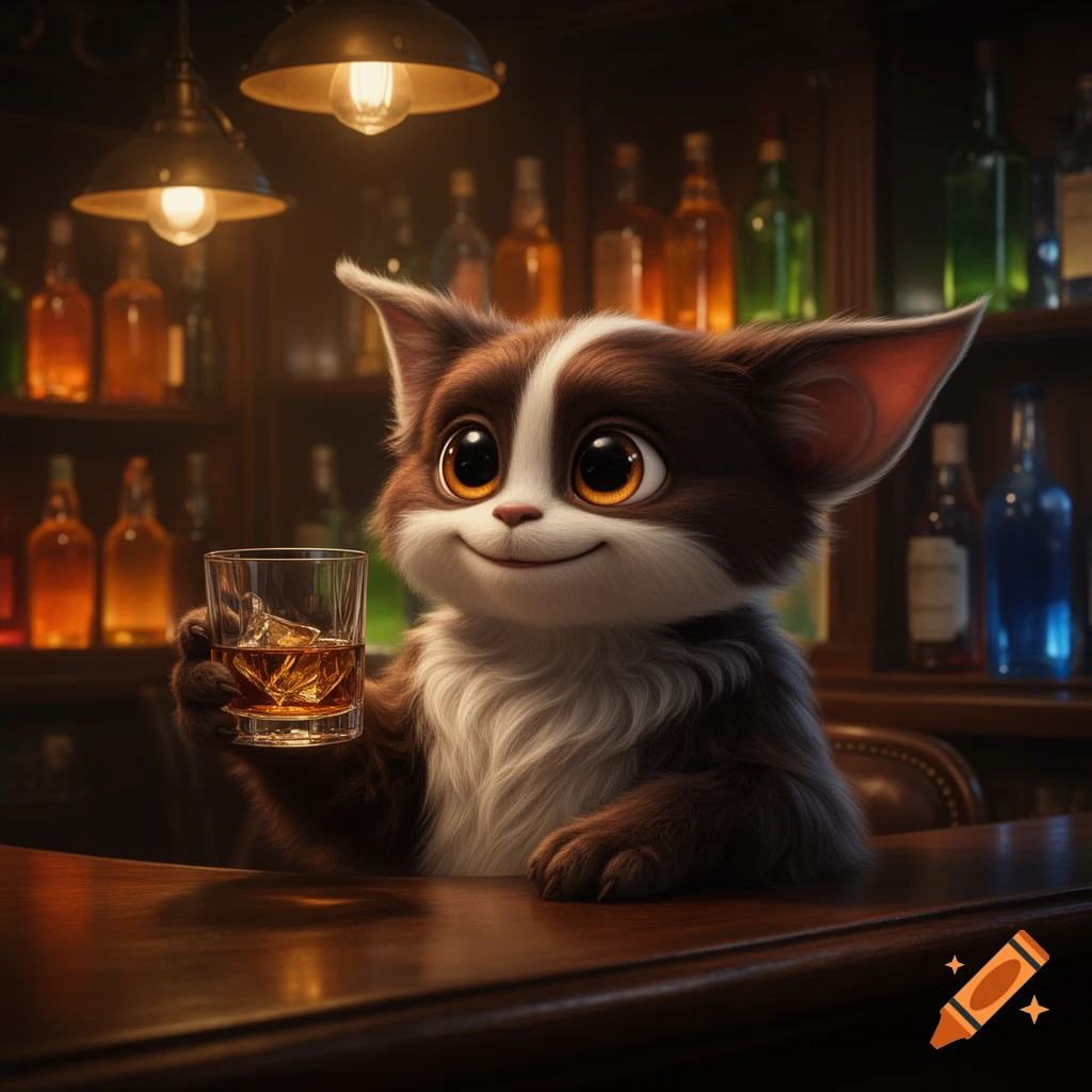 A cute, furry Gizmo-like creature smiles, holding a glass of whiskey at a dimly lit bar.