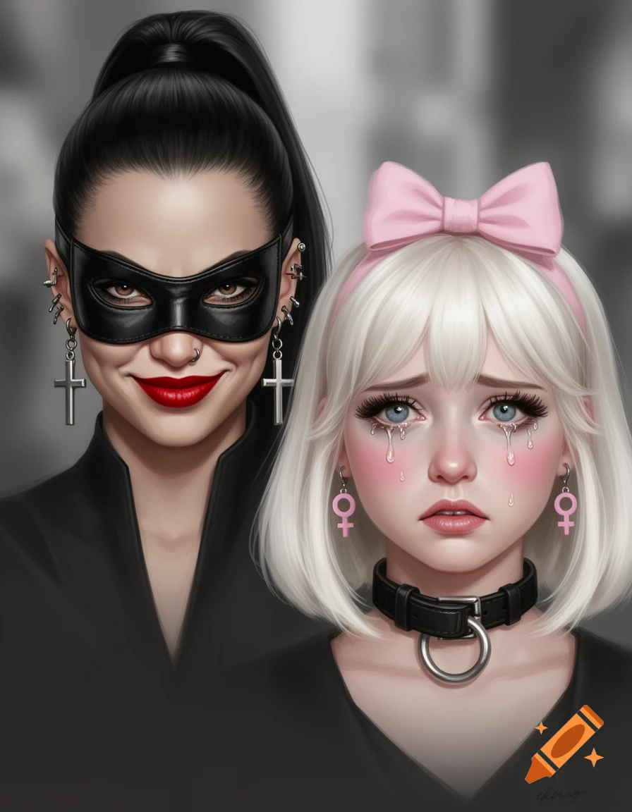 Digital art of a smirking woman in a leather mask and a weeping woman with a pink bow and slave collar.