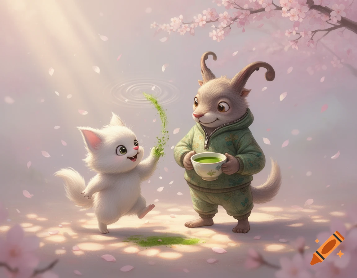 A fluffy white cat-like creature plays with green powder while a brown goat-like creature in a hoodie holds matcha, under cherry blossoms.