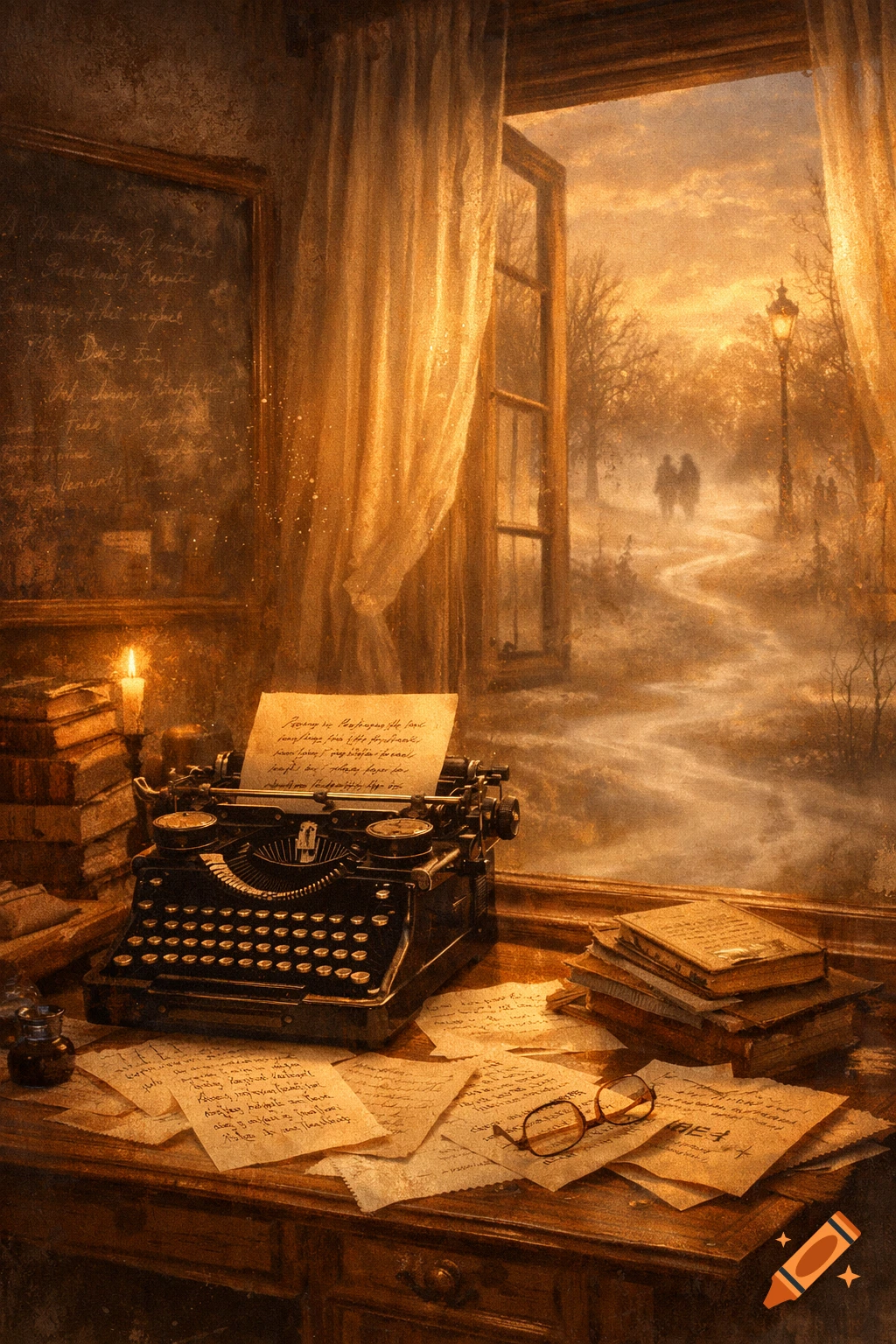 Vintage writing desk with a typewriter, scattered papers, books, and a candle, looking out a window at a misty path.