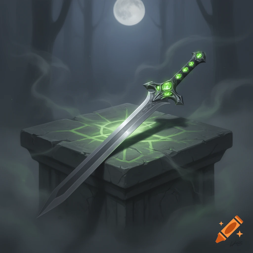 A stylized gray sword with green glowing gems on its hilt rests on a stone pedestal, glowing with green light in a misty, moonlit forest.