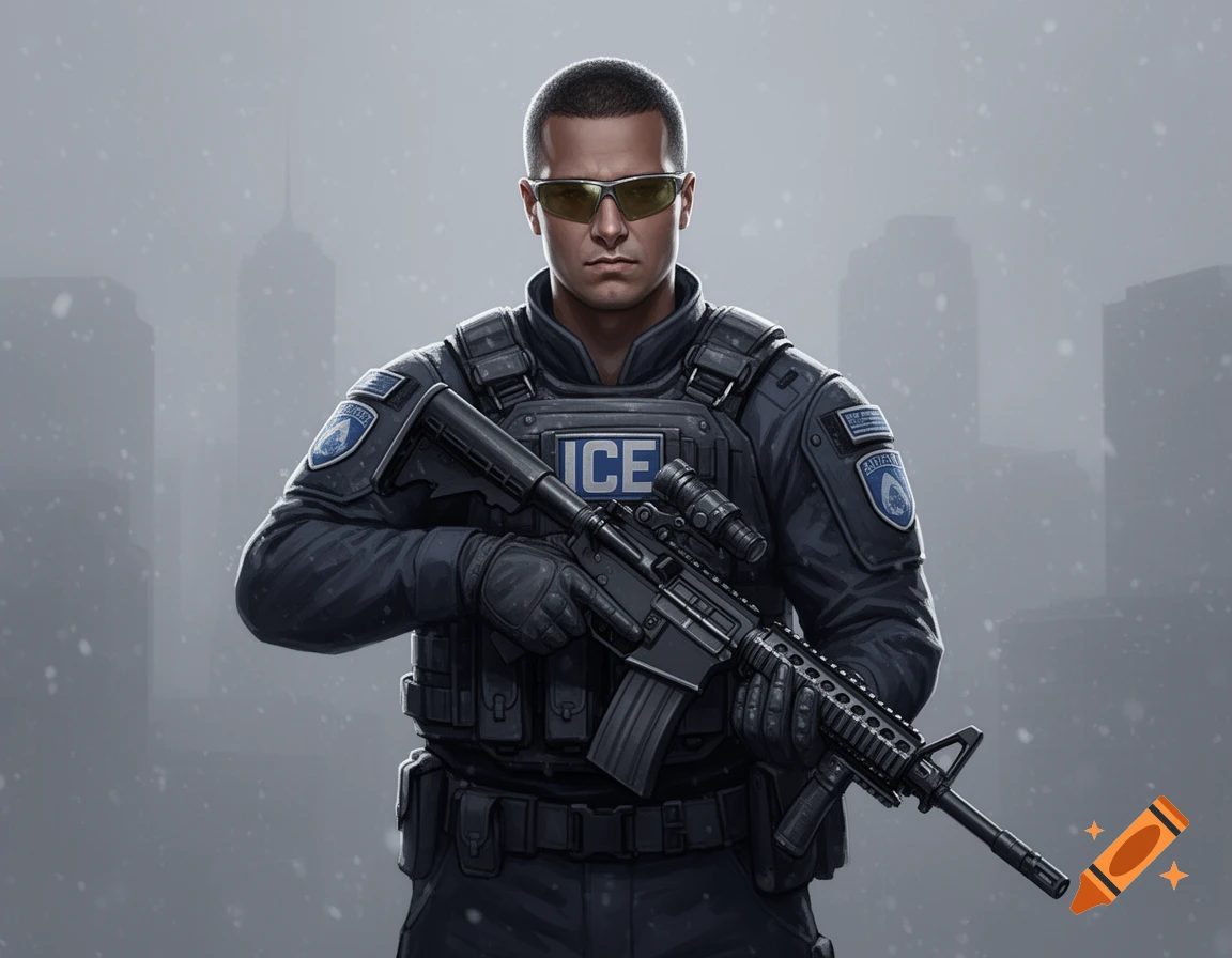 An illustrated ICE agent in tactical gear, sunglasses, and a rifle stands against a snowy city background.