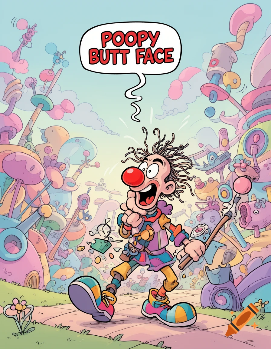A colorful cartoon shows a clown-like character shouting "POOPY BUTT FACE" in a whimsical landscape.