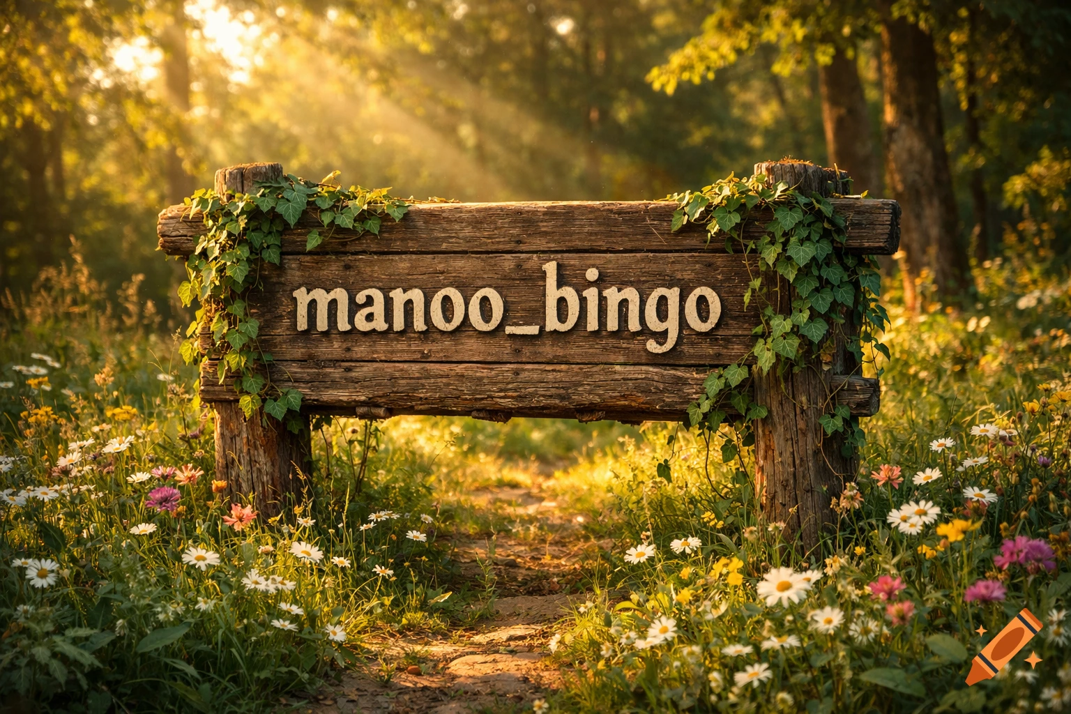 A wooden sign with "manoo_bingo" written on it, surrounded by wildflowers on a path, illuminated by golden sunlight through forest trees.