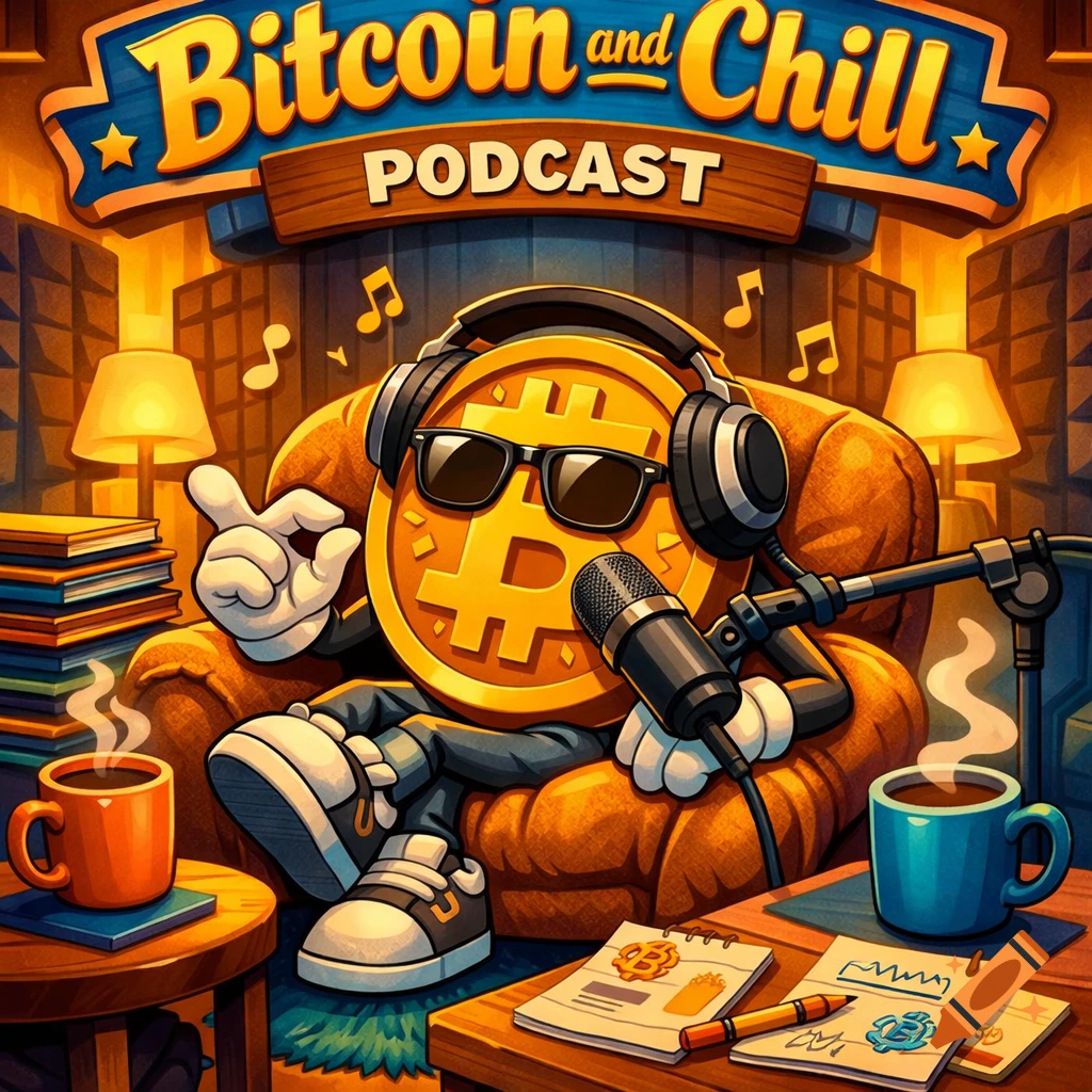 A cartoon bitcoin character wearing sunglasses and headphones, giving an OK sign, sitting in an armchair with a microphone for a "Bitcoin and Chill PODCAST".