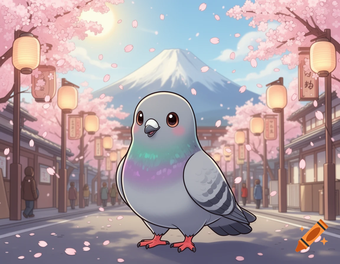 Cute cartoon pigeon on a cherry blossom-lined Tokyo street with Mount Fuji in the background, digital art style.