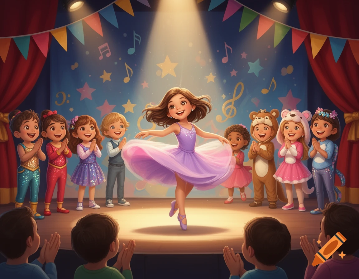 A diverse group of cheerful children clapping for a ballerina performing on a brightly lit stage during a talent show, in a cartoon style.