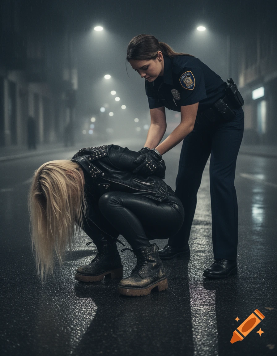 A police officer restrains a person in a leather jacket and pants on a wet city street at night.