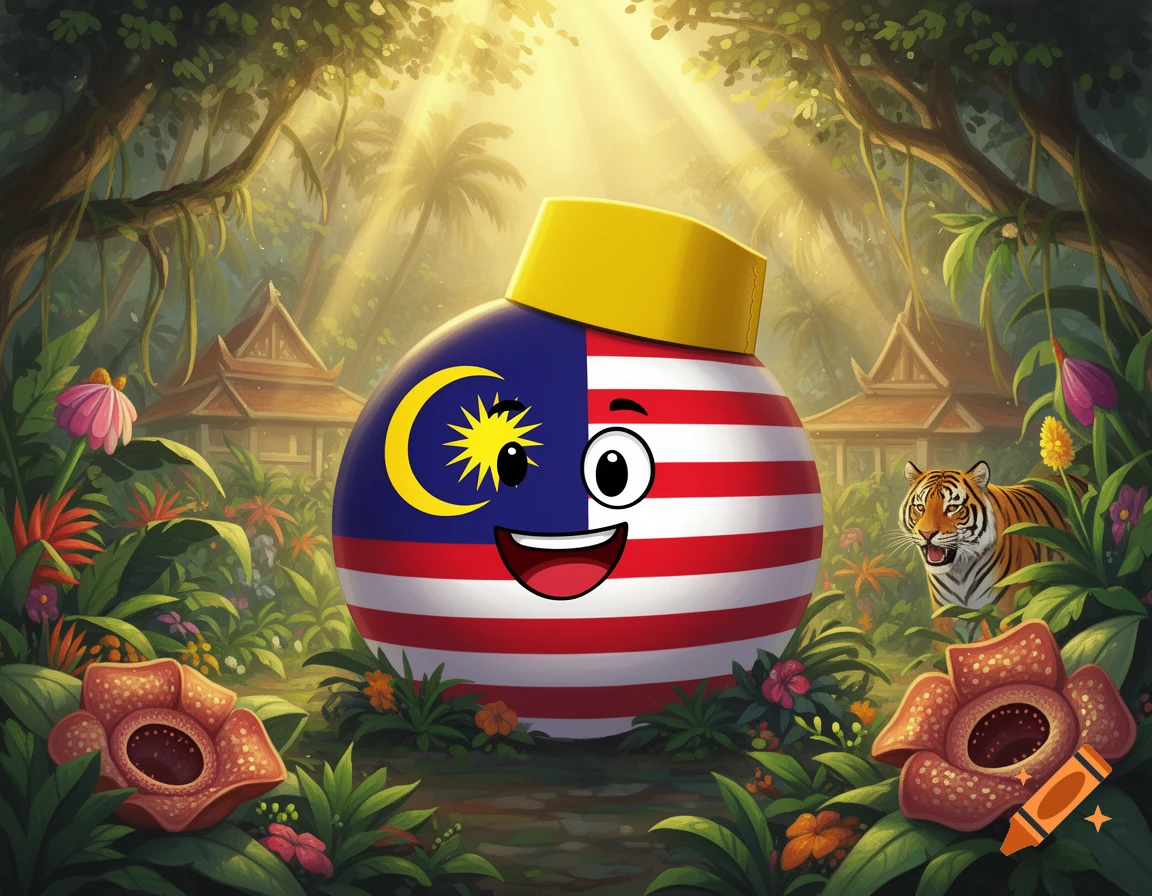 A cartoon sphere with the Malaysian flag pattern, a yellow hat, and a happy face, set in a vibrant jungle with a tiger and traditional buildings.